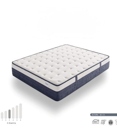 Colchón Prisma de diseño elegante sobre base de cama en dormitorio moderno, destacando sus capas y tejido premium para un descanso óptimo
