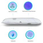 Almohada viscoelástica autolimpiable sobre cama blanca, con funda de tejido técnico que resalta su diseño moderno y funcionalidad higiénica.