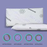 Almohada viscoelástica autolimpiable sobre cama blanca, con funda de tejido técnico que resalta su diseño moderno y funcionalidad higiénica.