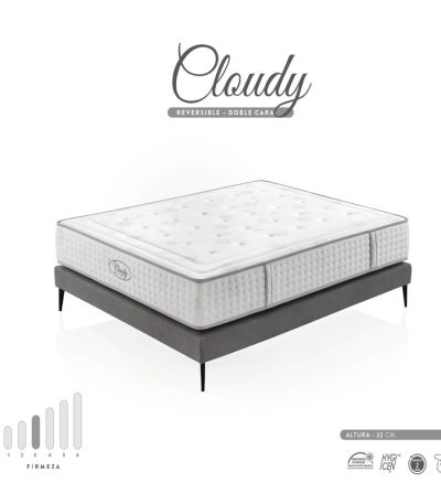 Colchón Cloudy sobre base de cama, con superficie mullida y diseño acolchado; ideal para proporcionar una sensación de suavidad y descanso envolvente.