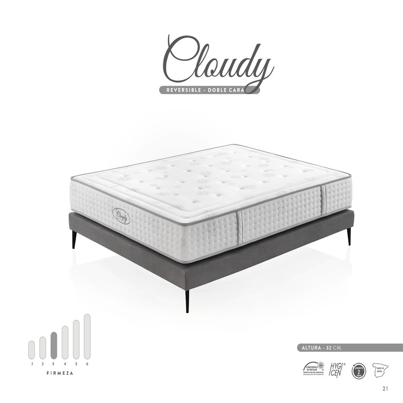 Colchón Cloudy sobre base de cama, con superficie mullida y diseño acolchado; ideal para proporcionar una sensación de suavidad y descanso envolvente.